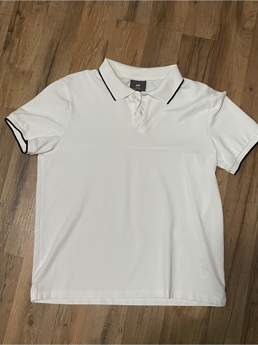 H&M Men’s Slim Fit Tipped Polo- White Black Trim, Sz. M